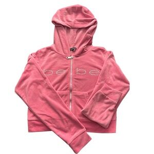 Bebe Pink Velour Rhinestone Logo Hooded Zip-Up Jacket Size L Y2K Millennial